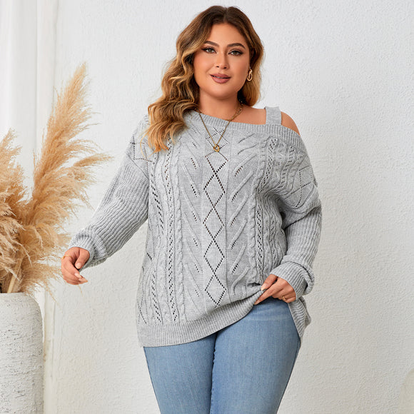 Plus Size Round Neck Pullover Sweater Chubby Long Sleeve off Shoulder Top for Women