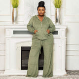 Women Clothing Autumn Winter Solid Color Casual High Waist Wide Leg Pants Two Piece Suit Women