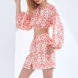 Fall Set Women Classic V Neck Lace Up Long Sleeve Short Two Piece Set