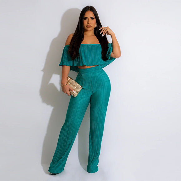 Women Clothing Popular Pleated Ruffled Off Shoulder Wide Leg Pants Suit