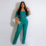 Women Clothing Popular Pleated Ruffled Off Shoulder Wide Leg Pants Suit
