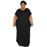 Plus Size Summer New Solid Color round Neck  Dress Slit Hemline at Hem Loose Skirt