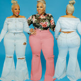 Plus Size Spot Hole Speaker Solid Color Street Trendy  Women Jeans