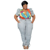 Plus Size New Autumn Jeans Printed Puff Sleeve Women Suit