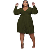 Plus Size Women Solid Color Cross V  neck Belt Loose Knitted Dress