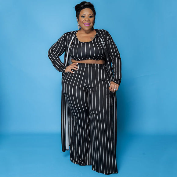 Plus Size Autumn Sexy Women Wear Striped Commuting Elegant Three-Piece Suit