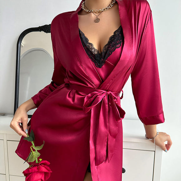 Sexy Solid Color One Piece Nightdress Summer Thin Breathable Strap Dress Home Wear Ice Silk Pajamas Two Piece Women