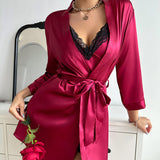 Sexy Solid Color One Piece Nightdress Summer Thin Breathable Strap Dress Home Wear Ice Silk Pajamas Two Piece Women