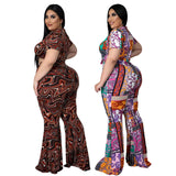 Plus Size Women Nightclub Uniforms Printed Short Sleeve Bell-Bottom Pants Two-Piece Set