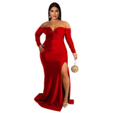 Plus Size Women Clothes Sexy Dress Nightclub V neck Formal Dress Pure Color Split Maxi Dress Autumn Winter High Split
