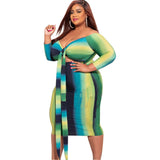 Plus Size Women Clothing Wrapped Chest Strap Sexy V-neck Striped  Dress
