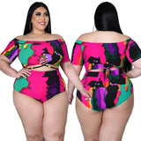 Plus Size Women Sexy Print Strap off-Shoulder Swimsuit Suit