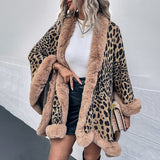 Autumn Winter Fur Collar Cape Cardigan Leopard Print Shawl Sweater  Women