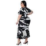 Plus Size Spring Summer round Neck Short Sleeve Flounced Dress Printed  Dress