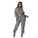cropped Hooded Sweater Tassel Edge Thinner Pants Autumn Winter two piece set