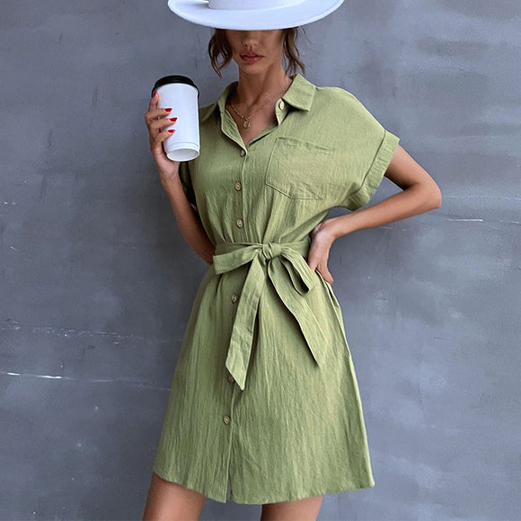 Green Pleated Dress With Belt