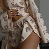 Loose Women Printed Wear Casual Lace up Long Sleeved Pajamas High Waist Shorts Suit Home Wear