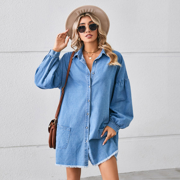Women Loose Denim Long Sleeve Frayed Dress Midi Dress