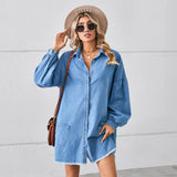 Women Loose Denim Long Sleeve Frayed Dress Midi Dress