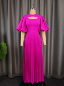 Lantern Sleeve Hollow Out Cutout Out Cinched Pleated Comfortable Office Casual Dress Pleated Dress
