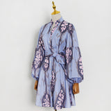 Brand Short  Spring Young V-neck Waist-Controlled Lace-up Lantern Sleeve Large Swing A- line Dress