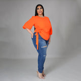 Plus Size Summer Solid Color round Neck Women Woman T shirt Irregular Asymmetric Medium Long Sleeve Top
