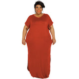 Plus Size Summer New Solid Color round Neck  Dress Slit Hemline at Hem Loose Skirt