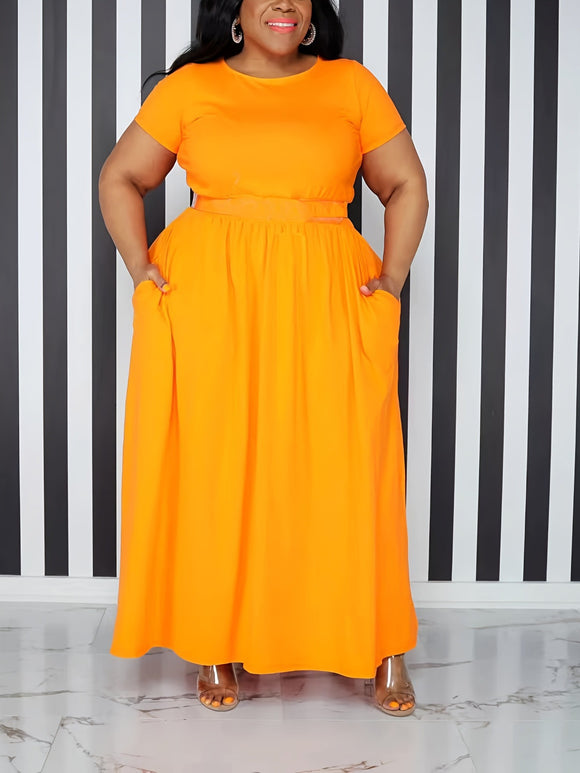 Plus Size Women Platform Solid Color Waist Tight Large Swing Short Sleeve Dress No Belt