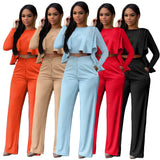 Women Clothing  Front Short Back Long Ruffled Zipper Pocket Straight-Leg Pants Two-Piece Set