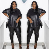 Plus Size Women Clothes Autumn Solid Color Leather Short Sleeve Slim Trousers Casual Suit