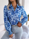 Spring Summer Casual Lantern Sleeve Contrast Color Floral Collared Shirt Women Clothing