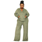Women Clothing Autumn Winter Solid Color Casual High Waist Wide Leg Pants Two Piece Suit Women