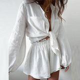 Summer Women Casual Solid Color Ruffles Shorts Long Sleeve Suit
