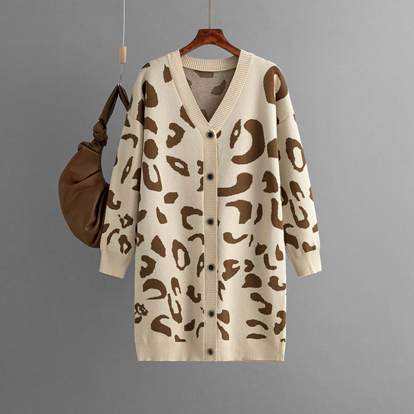 Autumn Winter Knitwear Mid Length Leopard Print Sweater Cardigan Women Baggy Coat