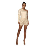 Urban Casual Solid Color Pullover off-the-Shoulder Shorts Women Fleece Lined Slim Fit Long Sleeve Sweater Set