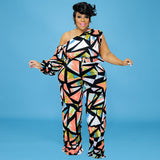 Plus Size Women Clothes Winter off-the-Shoulder Printing Jumpsuit Trousers