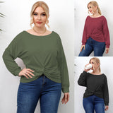 Plus Size Women Clothes Autumn Long Sleeve Solid Color Irregular Asymmetric Criss Cross Women Casual T-shirt