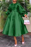 Women Clothing Autumn Winter Solid Color Glossy Loose Button Lantern Sleeve Dress