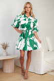 Shirt  Polo Collar Lantern Short Sleeve Belt Holiday Floral Print Dress