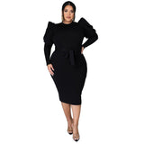 Plus Size Women Clothing Long Sleeve Belt Slim Fit  Dress