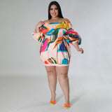 Plus Size Sexy Loose Women Wear Off Shoulder Printed Batwing Sleeve Short Dress