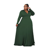 Plus Size Popular   Woman Solid Color V-neck Long Sleeve Mop Formal Dress