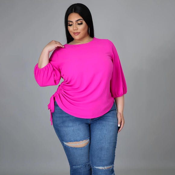 Plus Size Summer Solid Color round Neck Women Woman T shirt Irregular Asymmetric Medium Long Sleeve Top