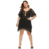Plus Size Women Clothes Irregular Asymmetric Hollow-out Sexy See-through Woven Wooden Ear Beach Dress Crochet