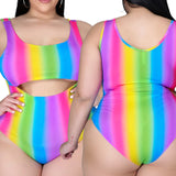Plus Size Women Sexy Rainbow Striped Hollow Out Cutout One Swimsuit Dress Two-Piece Set