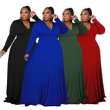 Plus Size Popular   Woman Solid Color V-neck Long Sleeve Mop Formal Dress