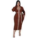Plus Size Women Clothing Autumn Winter Multi-Color Mosaic Lace-up Elegant Sexy Dress for Women