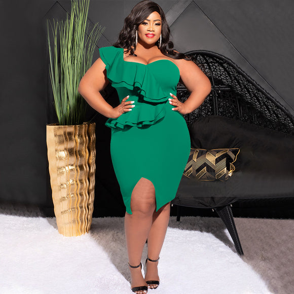 Plus Size Spring Summer Casual Ruffled Split Shoulder Sleeve Sheath Split Dress