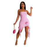 Women Clothing Independent Stand Floral Ruffled Solid Color Sexy Tube Top Irregular Asymmetric Dress