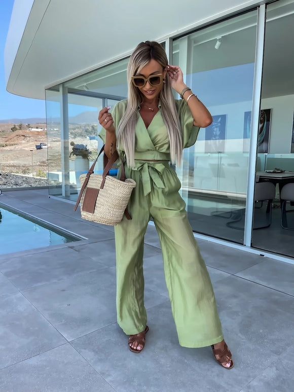 Spring Summer Comfort Casual Deep V Plunge Neck Solid Color Silk Waist Lace up Straight Leg Pants Suit